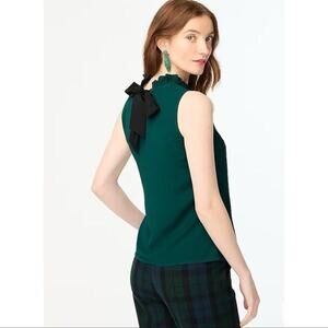 J. CREW | Emerald Green Ruffle Neck Black‎ Bow Back Top Blouse Sz. Small